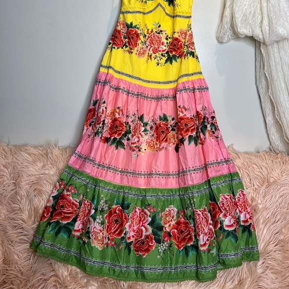 Farm Rio Manuela Halter Floral Scalloped Colorful Pastel Maxi Dress
